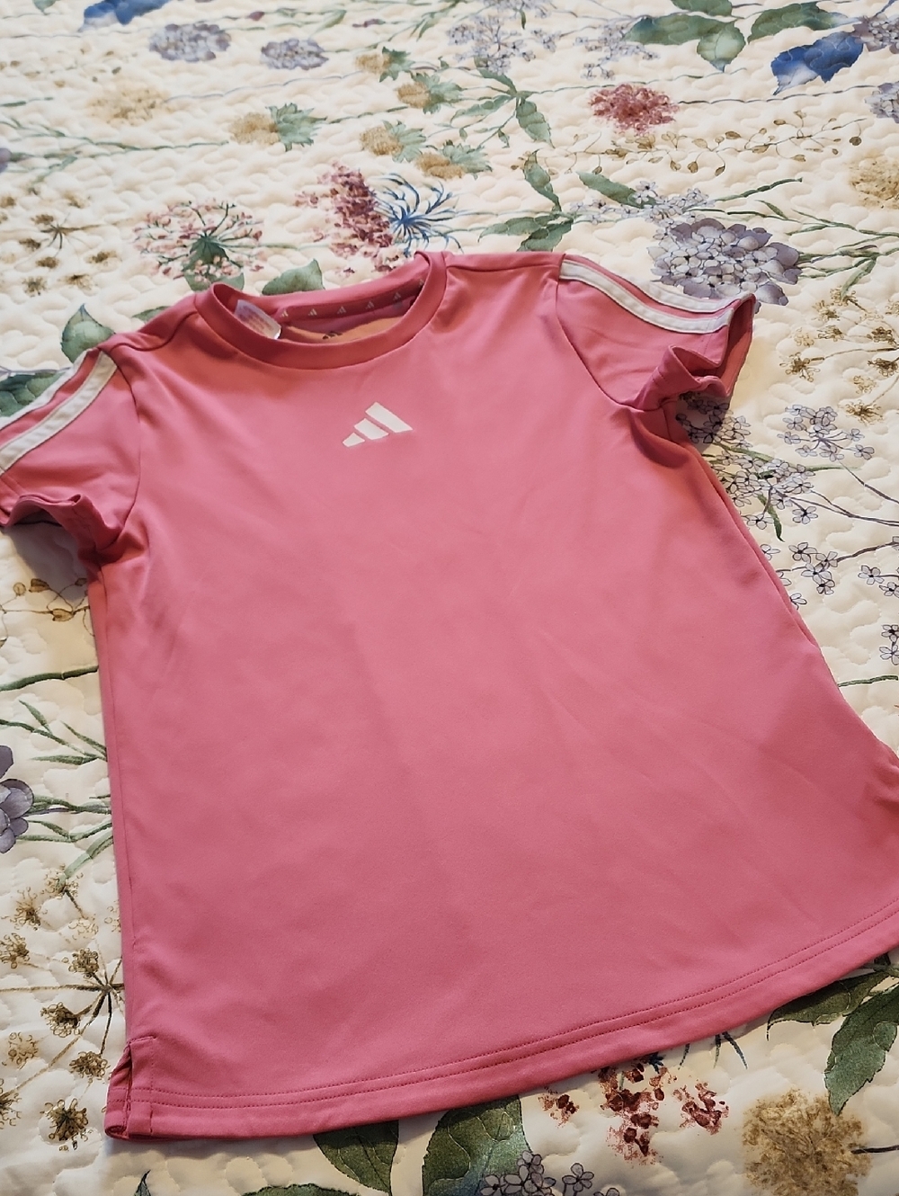 adidas Pink Short Sleeve Girls' Athletic Tee with White Stripes